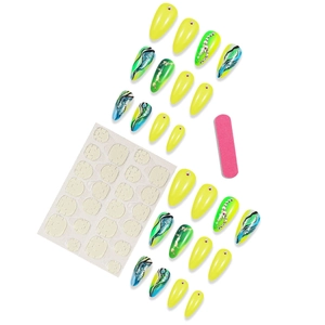 Set of 24 press-on nails with neon yellow rhinestones, gold foil, and blue gradients