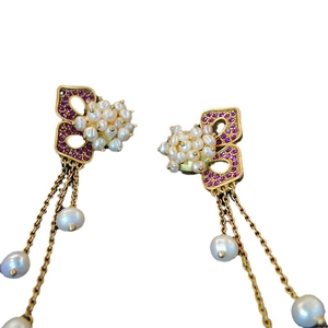 Vintage butterfly earrings with purple crystals, freshwater pearls and long tassels