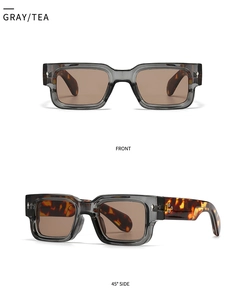 Front and side view of square sunglasses with gray transparent frames and tea lenses