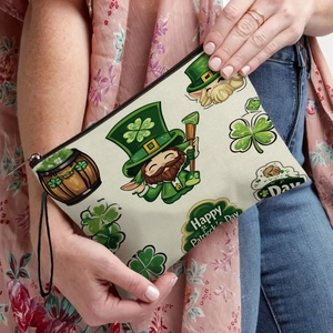 St Patricks Day Cosmetic Bag Leprechaun Shamrock Print Fine Linen Zippered Toiletry Pouch With Hand Strap For Women