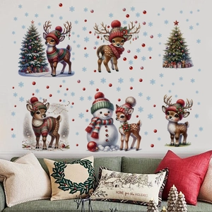 Stickers Muraux Noël PVC Amovibles Renne Bonhomme De Neige Sapin Flocons De Neige Salon Chambre Déco Dessin Animé
