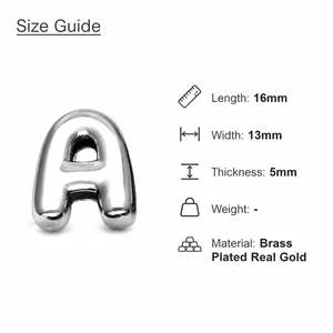Detail view of silver 3D letter A pendant with 16mm length and 13mm width dimensions