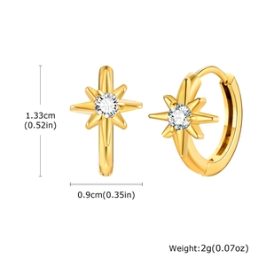 Detailed size specifications for gold eight-pointed star hoop earrings with clear crystal