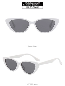 Front and 45-degree side view of vintage white cat-eye sunglasses with dark grey lenses