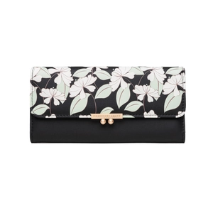 Close-up of long tri-fold floral wallet with black pebble grain and gold metal buckle