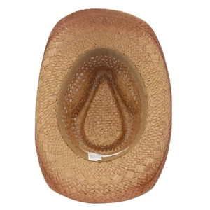 Close-up of woven paper straw hat interior showing the sweatband and care label