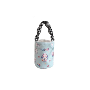 Blue canvas bucket bag with cute rabbit print and checkered bubble handle