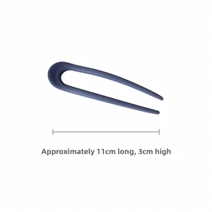 Detail view of a matte navy blue U-shaped hair pin showing dimensions 11cm length and 3cm height