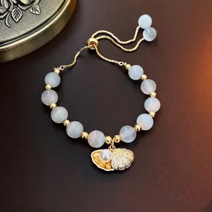 Cat's Eye Stone Beaded Bracelet With Shell Artificial Pearl Pendant Gold Plated Copper Adjustable Elegant Jewelry For Women