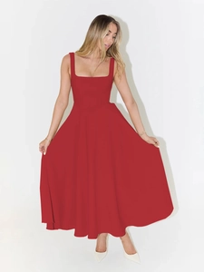 Detailed full view of a red square neck sleeveless dress with a wide A-line maxi skirt