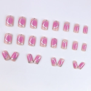Pink ombre press-on nails with silver geometric lines in short square round shape