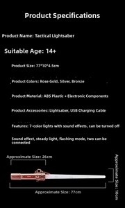 Detailed size specifications and 7-color tactical lightsaber USB charging features