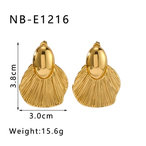 Detailed view of gold leaf earrings with shell texture dimensions 3.8cm by 3.0cm