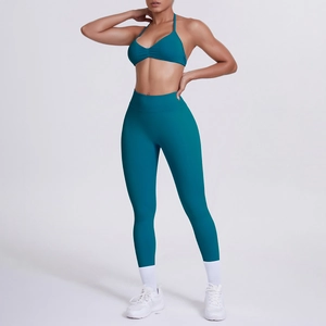 Set yoga donna blu lago scuro con reggiseno sportivo a scollo all'americana e leggings alti