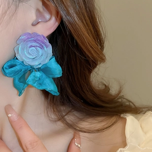 Elegant oversized gradient resin flower earrings with large blue silk bow for women