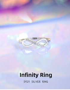 Macro detail of S925 sterling silver infinity ring with sparkling micro-pave zircons