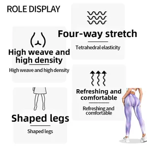 Dettaglio dei pantaloni da yoga viola metallizzato che evidenzia il tessuto elasticizzato