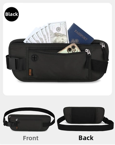 Detail view of RFID protection layering and multi-pocket storage in black running waist bag
