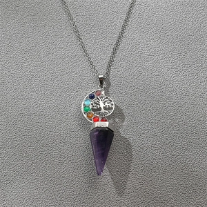 Silver tree of life pendant with colorful zircons and purple crystal cone on fine chain