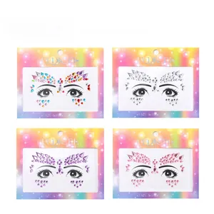 Detailed view of four packs of face jewels in iridescent, silver, lavender and pink colors