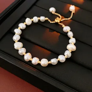 Baroque Artificial Pearl Bracelet Adjustable Slider Clasp Golden Metal Beads Elegant Light Luxury Hand Jewelry For Women