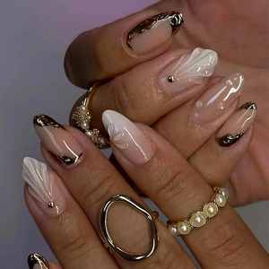 Almond Press On Nails ABS Plastic 3D Shell Texture Liquid Metal Style Nude Pink Brown Marble Elegant Fake Nails For Women