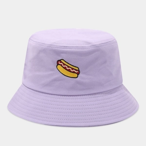 Lilac bucket hat with hot dog embroidery made of breathable cotton for casual sun protection
