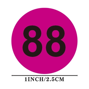 Rose red round numbered stickers 1-100 with 1 inch diameter labels for retail use