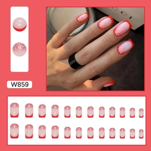 Red and white gradient glitter square press-on nails set with 24 pieces for women