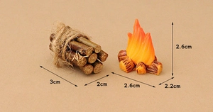 Detailed view of miniature firewood bundle and campfire model with precise dimensions