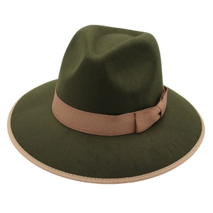 Classic dark green wool felt fedora hat with wide brim and brown ribbon trim for adults