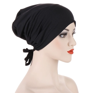 Black satin-lined muslim turban headscarf with adjustable back ribbon ties