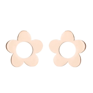 Detailed view of rose gold flower-shaped metal earrings with a hollow five-petal design