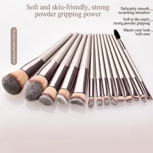 14-piece champagne gold makeup brush set with soft gradient bristles and slim handles