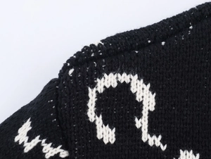 Detailed close-up of black knit fabric showing premium jacquard texture and stitching