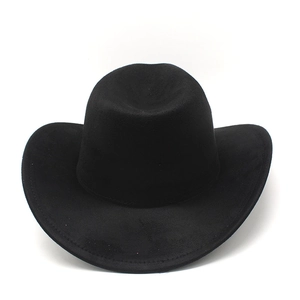 Detail of black suede western cowboy hat featuring pinch front crown and wide curled brim