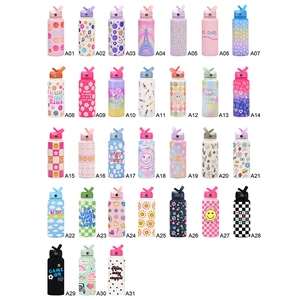 Collage of 31 styles of 1L stainless steel sports bottles with colorful prints and handles