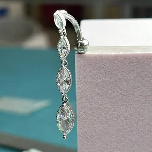 Sexy stainless steel belly button ring with marquise cut zircons in silver finish