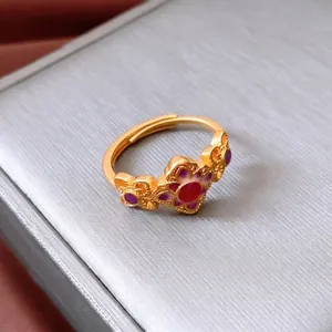 Vintage 24K gold plated hollow floral and butterfly open ring with red stone inlay
