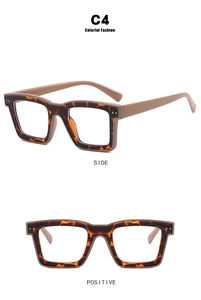 Detail views of square TR90 tortoise shell frame glasses showing side and front angles