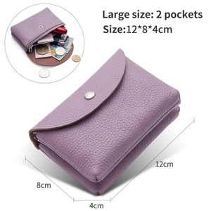 Purple leather coin purse featuring a two-pocket design measuring 12x8x4cm for essentials