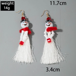 Detailed view of beaded snowman tassel earrings with precise size and weight measurements