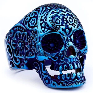 Detailed close-up of a blue sugar skull ring featuring intricate floral carved textures
