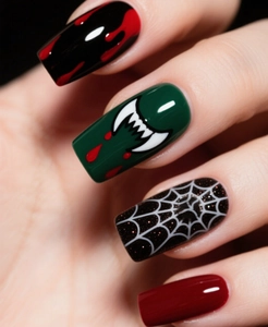 Macro detail of Halloween press-on nails featuring vampire fangs and spider web patterns