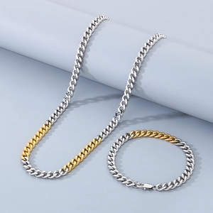 Detailed view of two-tone gold and silver stainless steel Cuban link necklace and bracelet set