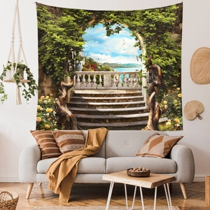 Detailed view of Mediterranean garden tapestry with sea view arch above a grey sofa