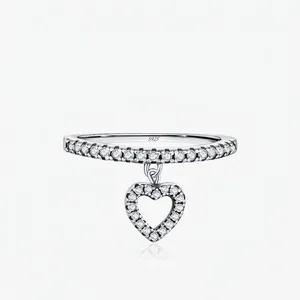 925 Sterling Silver Ring With Sparkling Cubic Zirconia Hollow Heart Pendant Dainty Pave Band Jewelry For Women Trendy