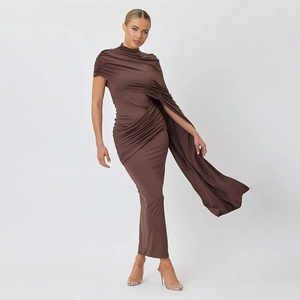 One Shoulder Asymmetrisches Gerafftes Maxikleid Polyester Einfarbig Elegant Slim Fit Schal Design Party Abend Damen