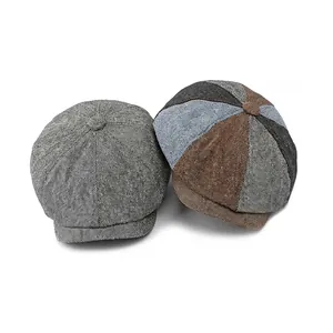 Classic herringbone grey and colorful patchwork newsboy caps in British vintage style