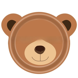 Close-up of cute teddy bear shaped disposable paper plates for kids birthday party decor